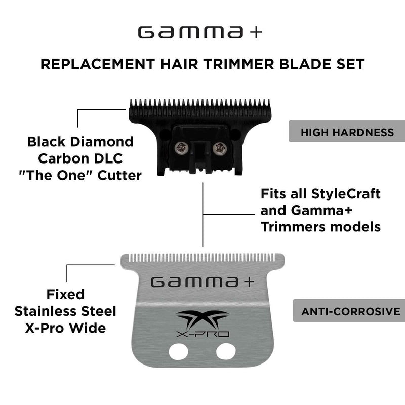 GAMMA+ X-Pro Wide Stainless Steel with Black Diamond Carbon DLC The One Cutting Trimmer Blade Set